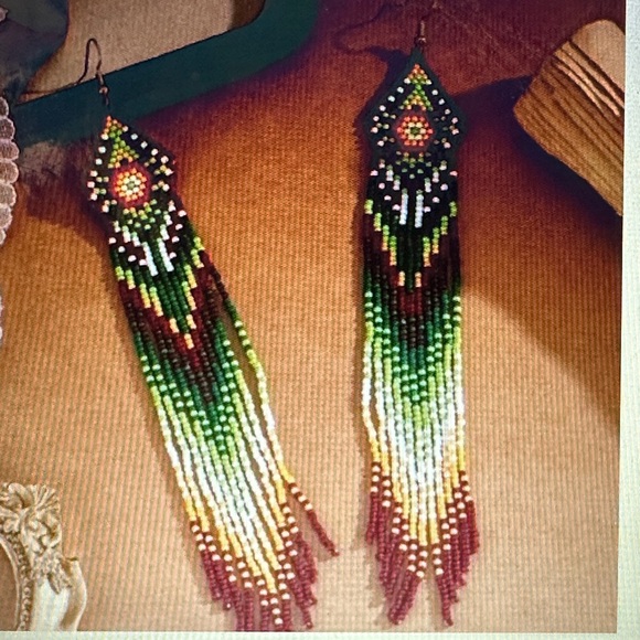 Jewelry - Handcrafted Multicolor Beaded Earrings, NWOT 7.4 in.